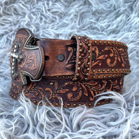 Tony Lama Studded Tooled Brown Leather Belt Buckle Rhinestone Cross Womens 32 main image 6